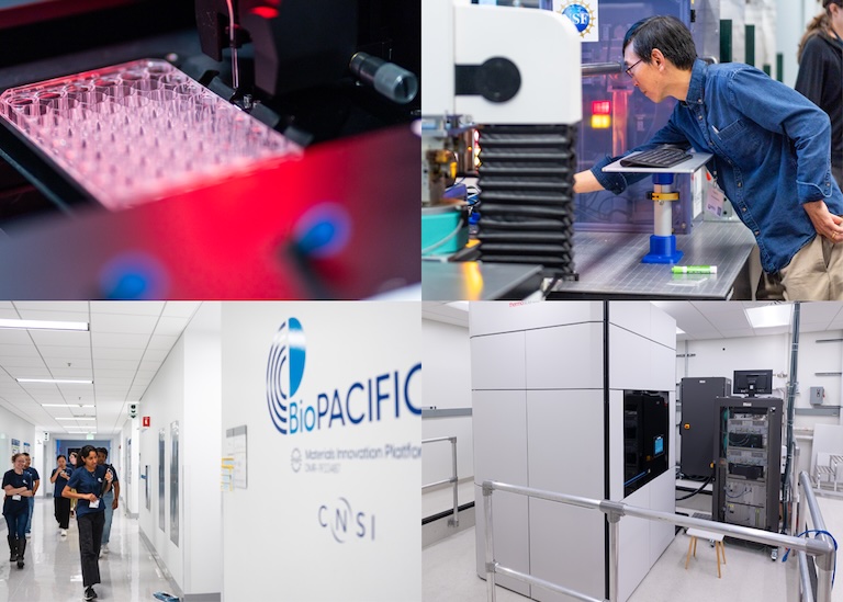 A collage of four scenes from a laboratory or research facility. The top left shows a close-up of a well plate under red lighting. The top right features a person interacting with lab equipment. The bottom left shows two individuals walking down a hallway. The bottom right displays scientific instruments and machinery. BioPACIFIC signage is visible in the environment.