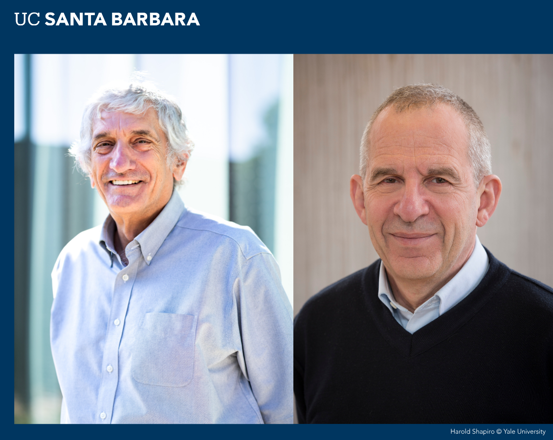A split image showing two faculty members. On the left is Professor John Martinis smiling outdoors. On the right is Professor Michel Devoret. The image is sourced to Harold Shapiro   c ◯   Yale University.