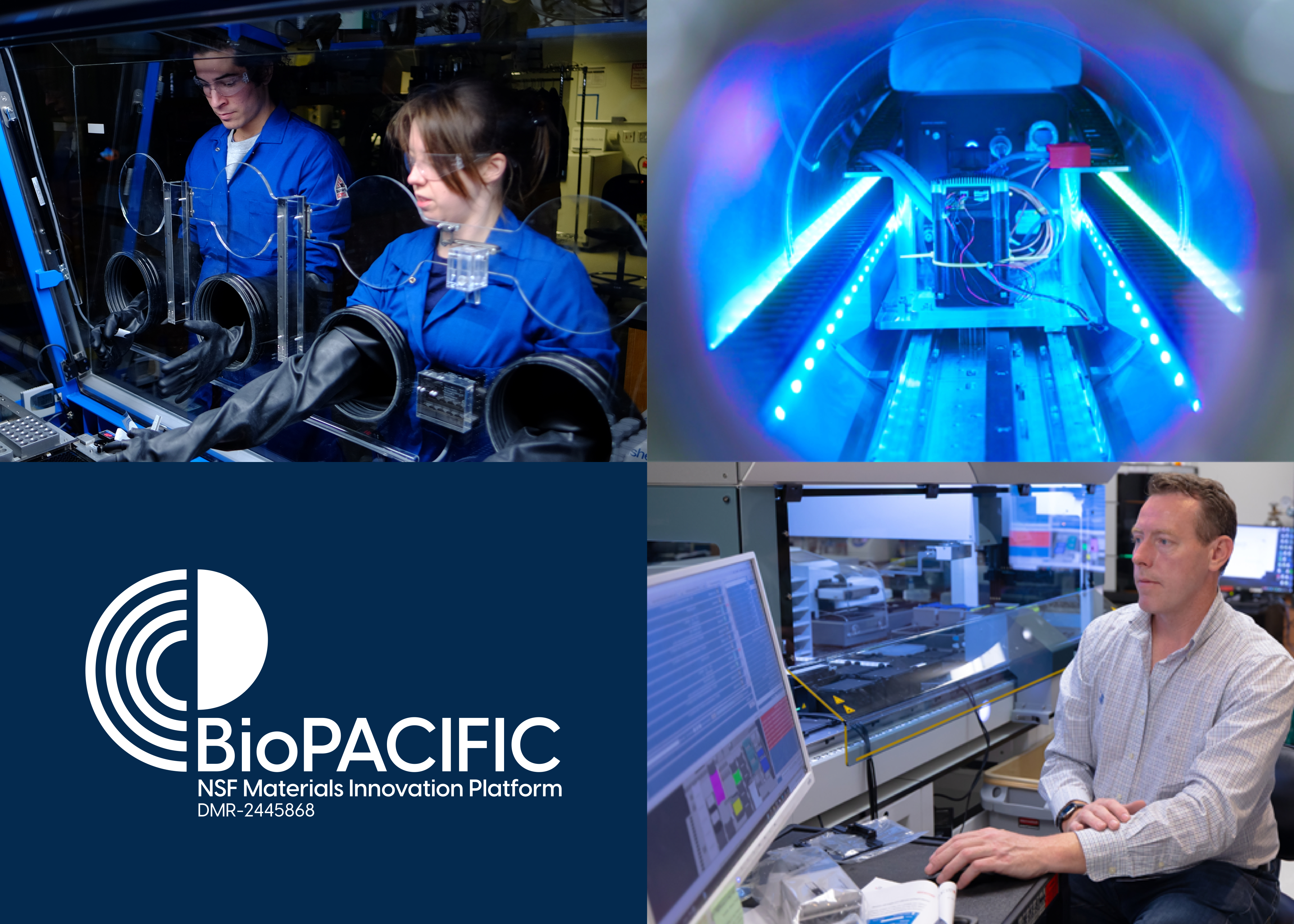 A four-part collage featuring scenes from a scientific research environment. Top left: two individuals in blue lab coats working with lab equipment. Top right: close-up of illuminated machinery with blue lights. Bottom left: logo and text for BioPACIFIC NSF Materials Innovation Platform DMR-244868. Bottom right: a person seated at a workstation with multiple monitors and lab instruments.