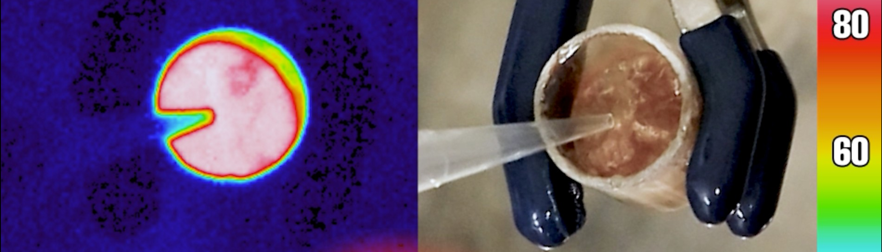 A split-screen image showing a thermal camera view on the left and a standard video view on the right. In both panels, a small vial of water is vigorously boiling and bubbling, heated solely by the activation of the solar thermal liquid.
