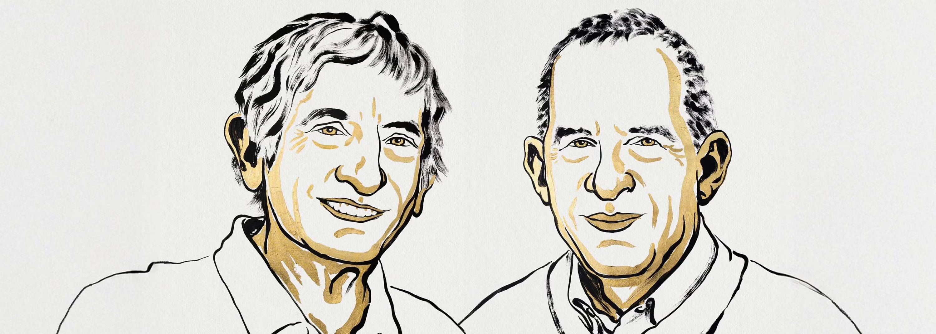 Illustration of two scientists. Line-art illustration, highlighted with gold. 