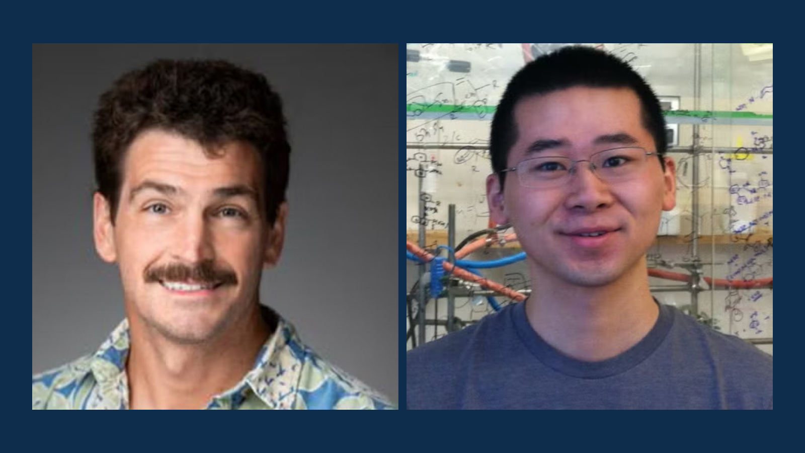 Side-by-side portraits of UC Santa Barbara chemists Justin Wilson, left, and Yang Yang.