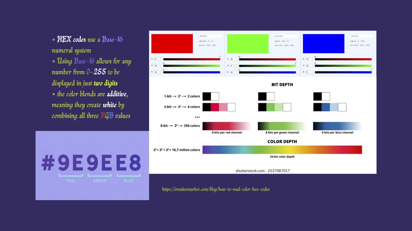 Educational slide explaining HEX codes, Base-16 numeral systems, and RGB color bit depths.
