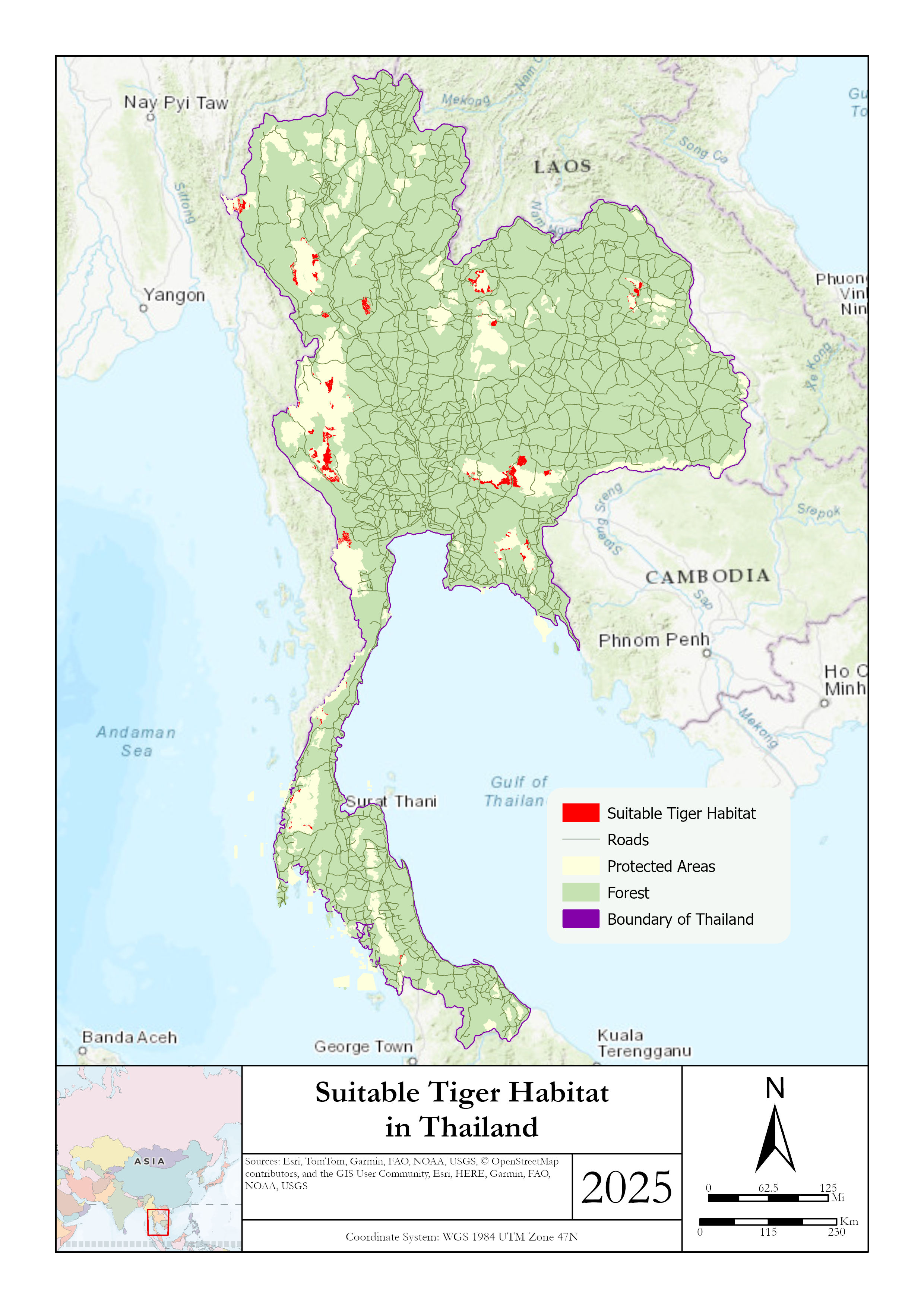 Map titled "Suitable Tiger Habitat in Thailand 2025" showing protected areas and forest cover.
