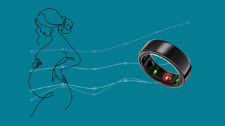 Illustration of a pregnant person outlined in a continuous line style on the left, with a black smart ring featuring green and red sensors on the right. Behind them are upward-trending data lines, suggesting health or biometric tracking during pregnancy.